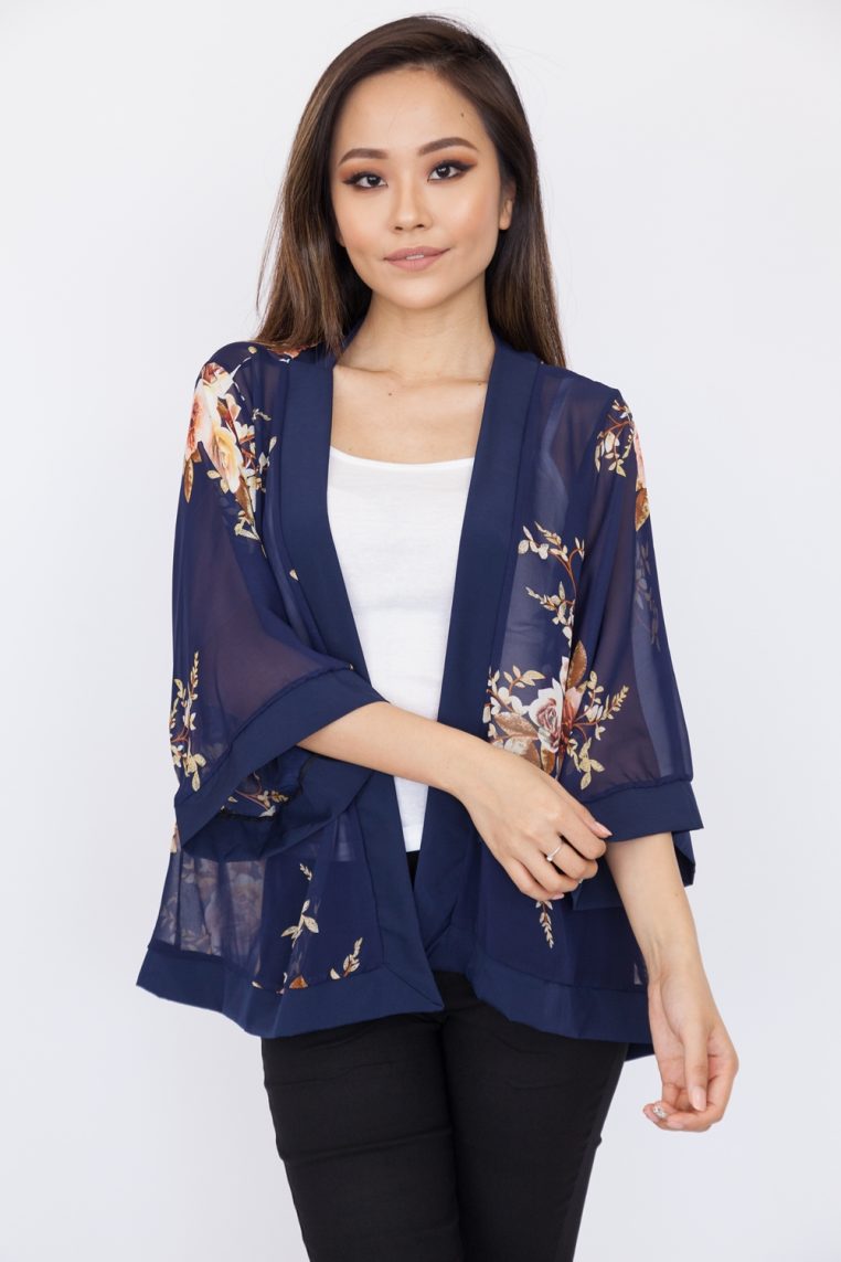 Floral Rose Print Chiffon Kimono Top - Navy Blue