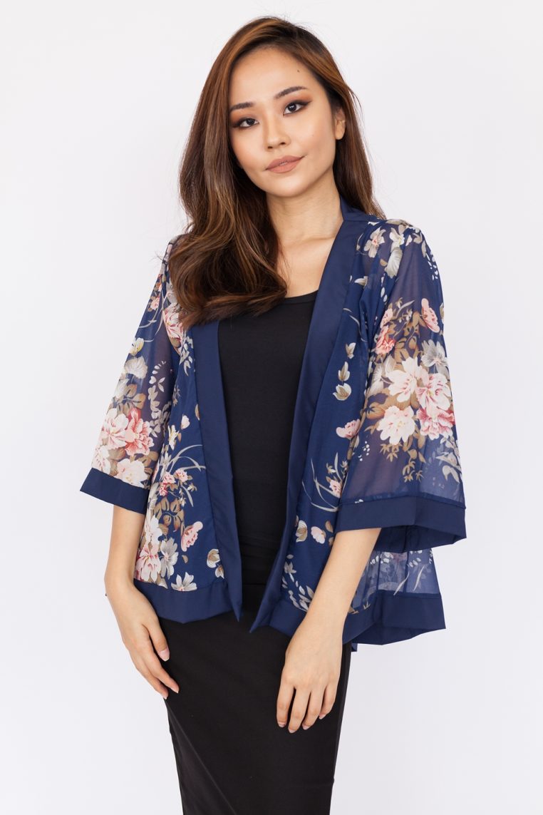 English Floral Chiffon Kimono Top - Navy Blue