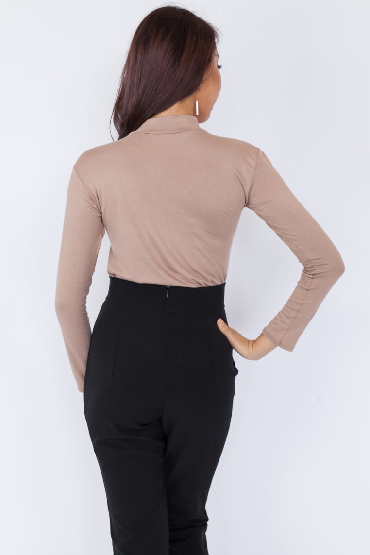 Basic High Neck Long Sleeve Top – Khaki