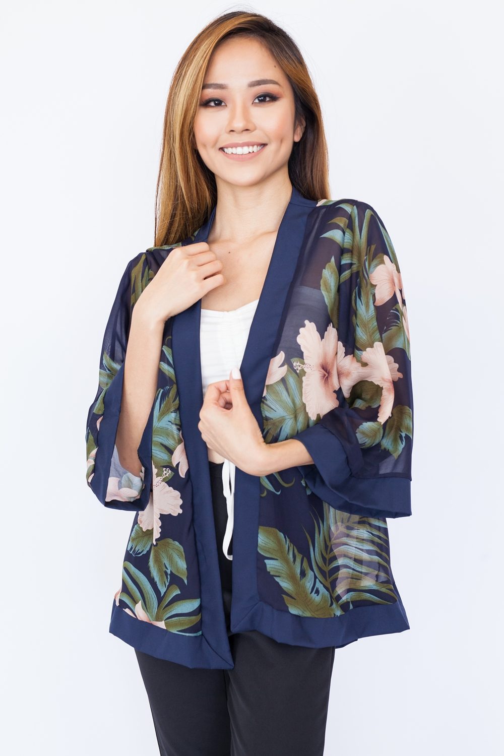 Hibiscus Chiffon Kimono Top – Navy Blue