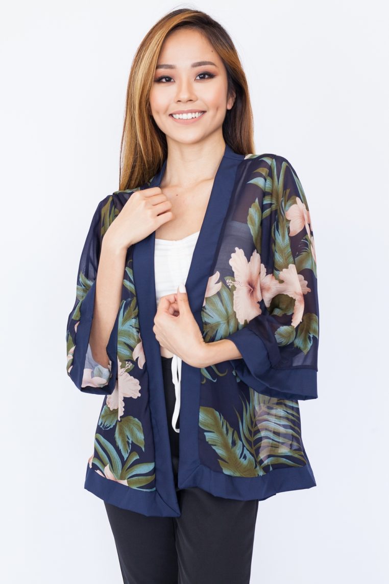 Hibiscus Chiffon Kimono Top – Navy Blue