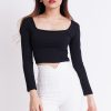 Square Neck Long Sleeve Crop Top - Black