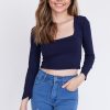 Square Neck Long Sleeve Crop Top - Navy Blue