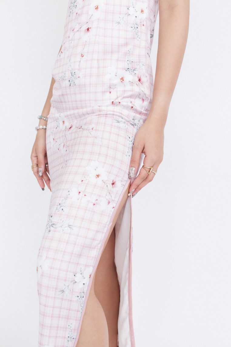 Plaid Floral Long Cheongsam - Pink - Image 8