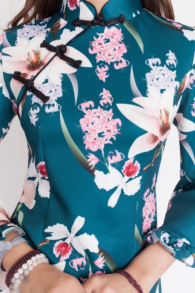 Long Sleeve Green Floral Cheongsam - Image 8