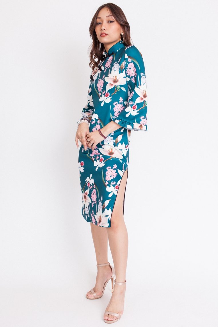 Long Sleeve Green Floral Cheongsam - Image 4