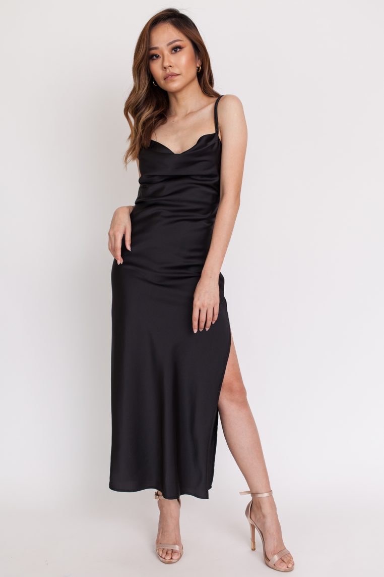 Low Back Satin Dress - Black - Image 4
