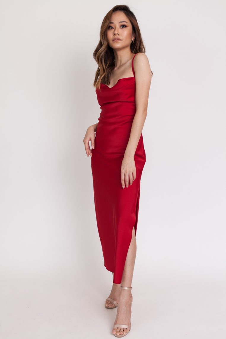 Low Back Satin Dress - Dark Red - Image 4