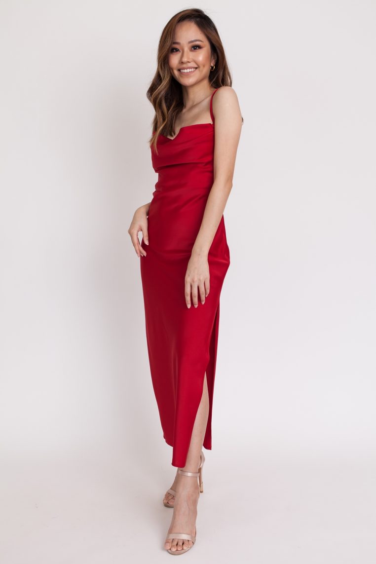 Low Back Satin Dress - Dark Red - Image 5