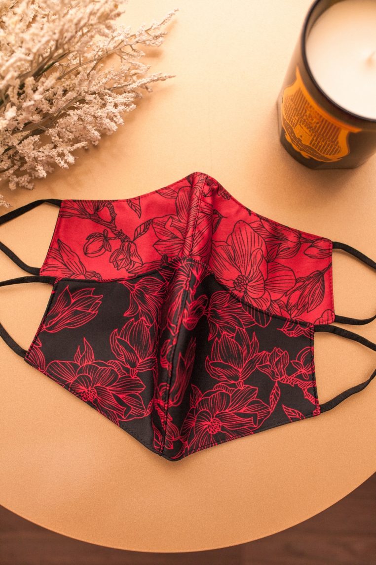Alternative view of Sketch Dark Floral Print Face Mask - Red