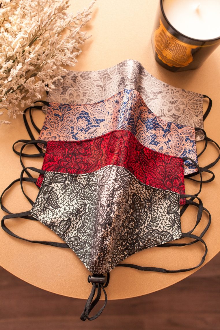 Alternative view of Head Loop Lace Print Face Mask - Red