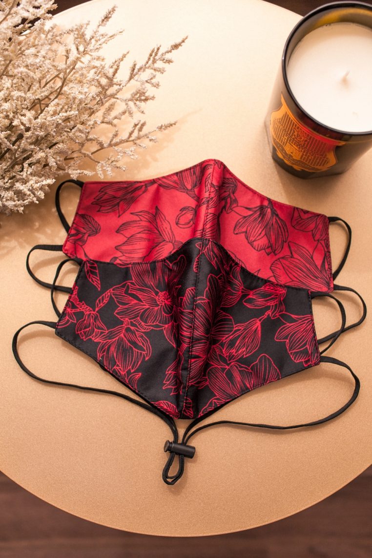 Alternative view of Head Loop Sketch Dark Floral Print Face Mask – Red