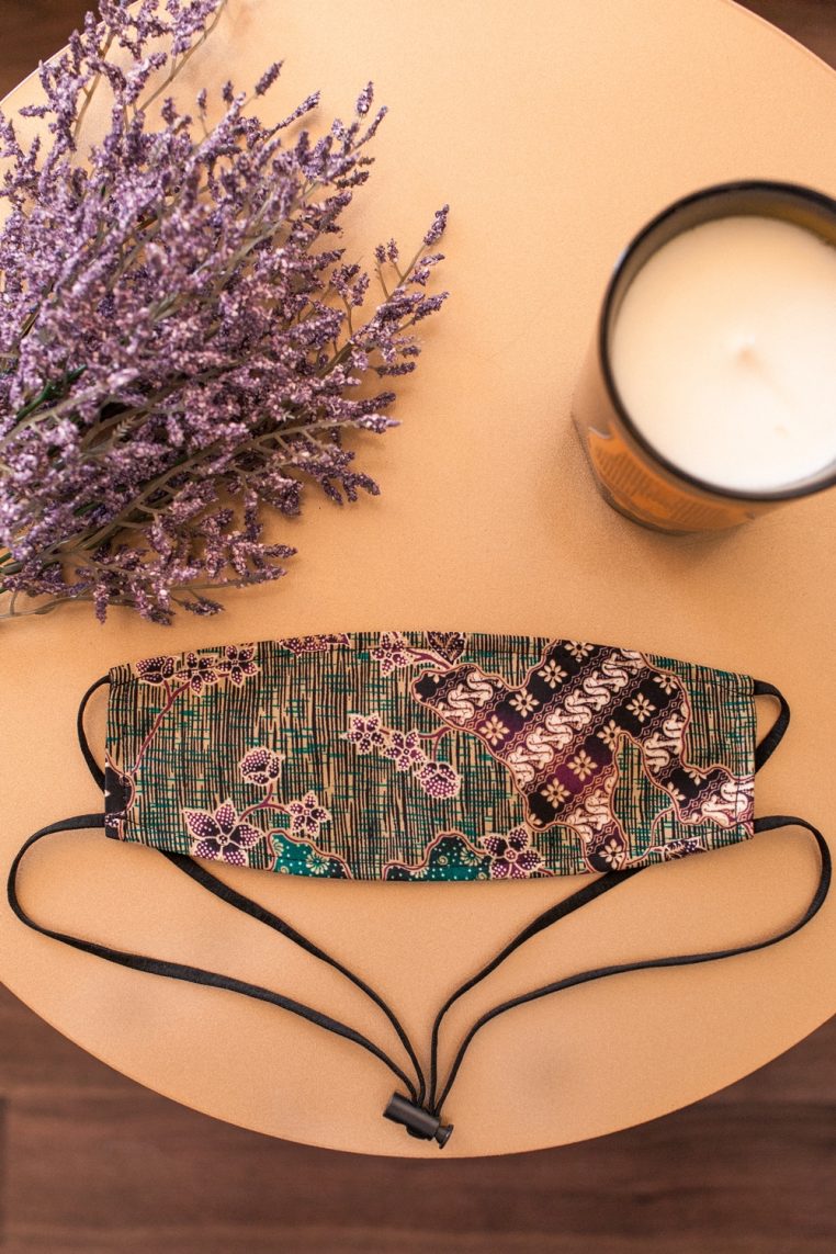 Origami Head Loop Batik Print Face Mask – Turquoise Purple - Image 3