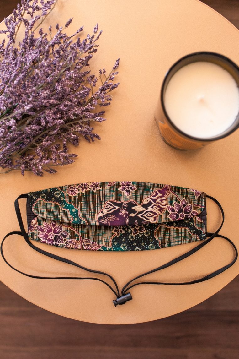 Origami Head Loop Batik Print Face Mask – Turquoise Purple - Image 5
