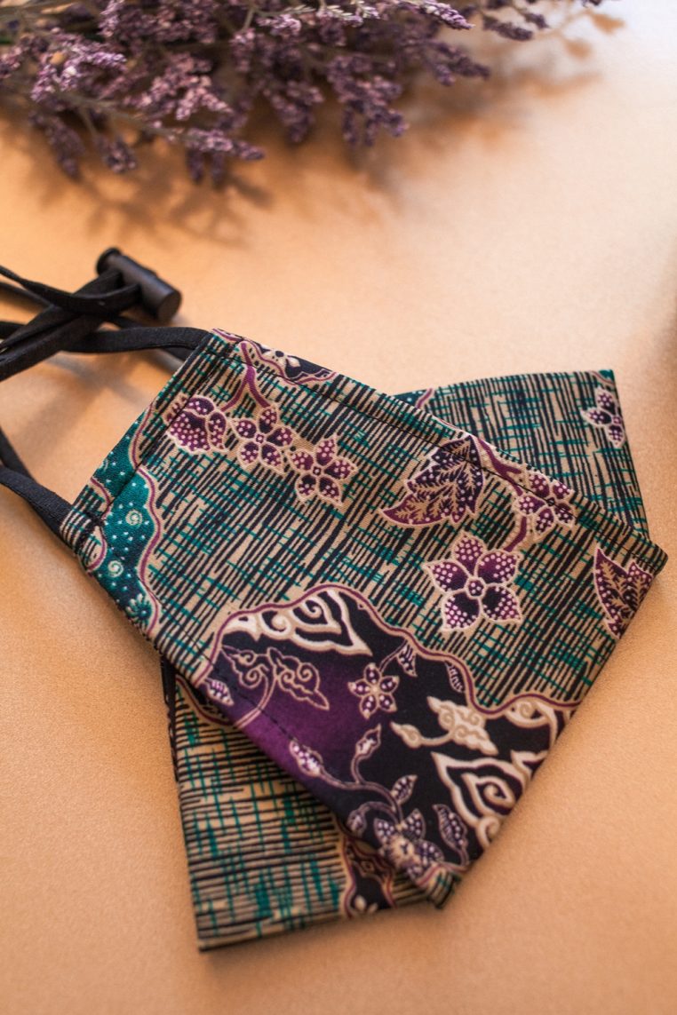 Origami Head Loop Batik Print Face Mask – Turquoise Purple - Image 6