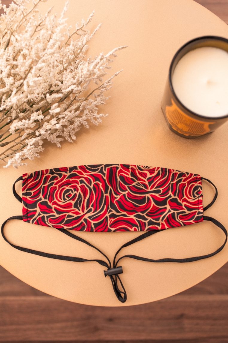 Origami Head Loop Red Rose Print Face Mask - Image 3