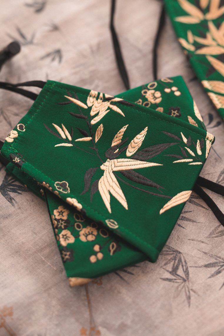 Origami Head Loop Oriental Bamboo Print Face Mask - Green - Image 3
