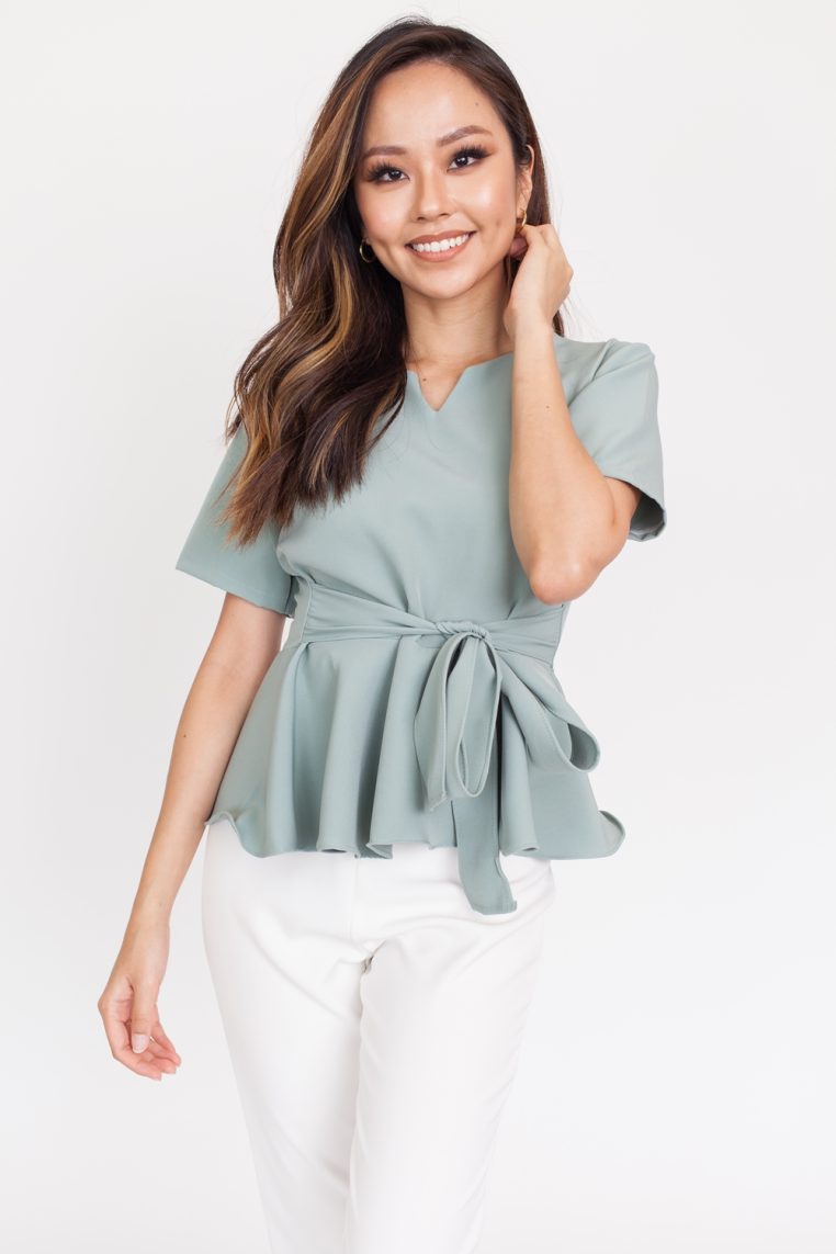 Cinched Short Sleeve Blouse – Sage - Image 3