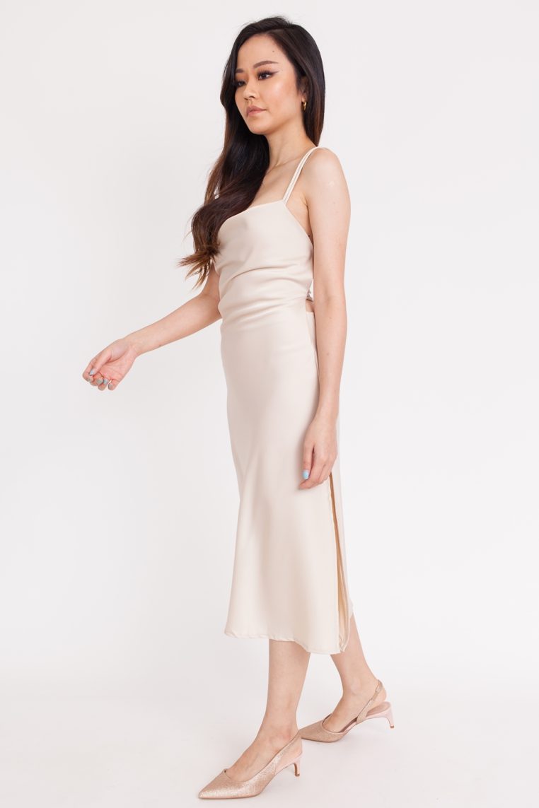 Satin Lace Back Dress - Beige - Image 5