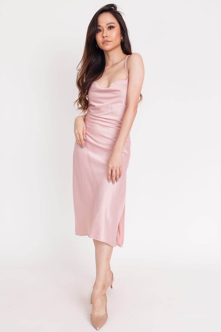 Satin Lace Back Dress - Blush - Image 3