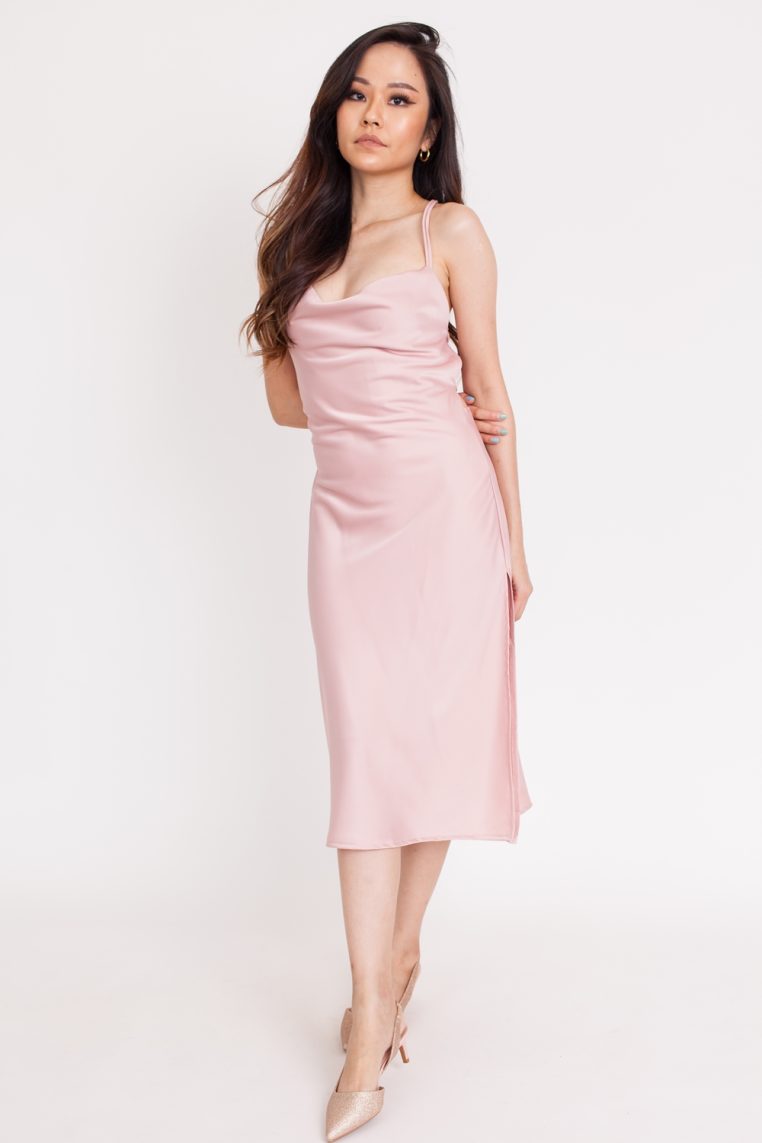 Satin Lace Back Dress - Blush - Image 4