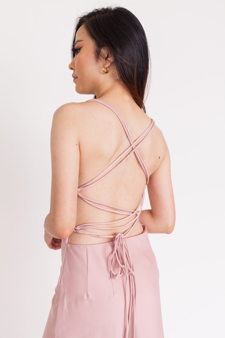 Satin Lace Back Dress - Blush - Image 6