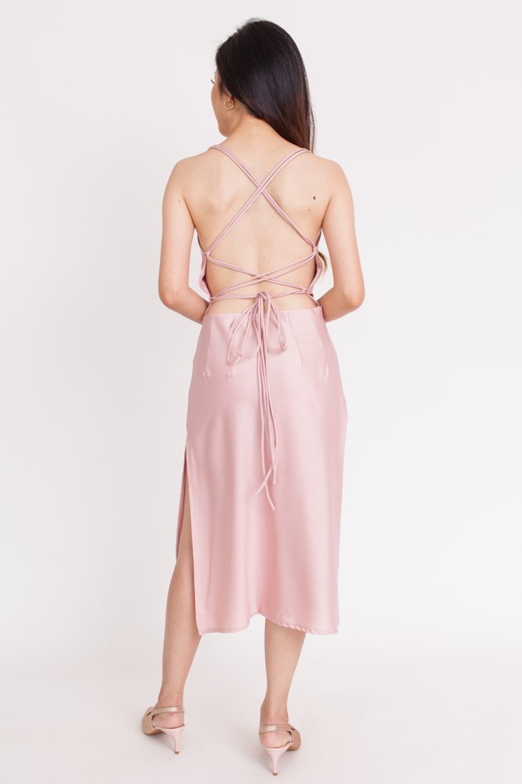 Satin Lace Back Dress - Blush - Image 7