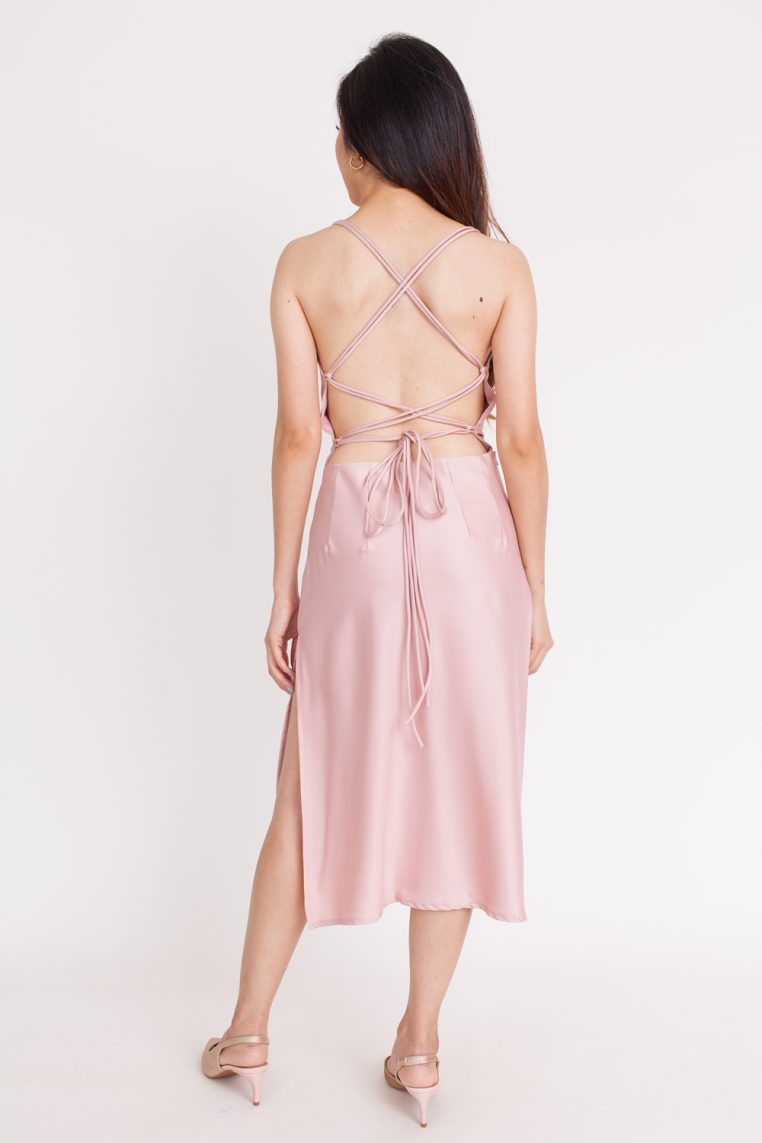 Satin Lace Back Dress - Blush - Image 8