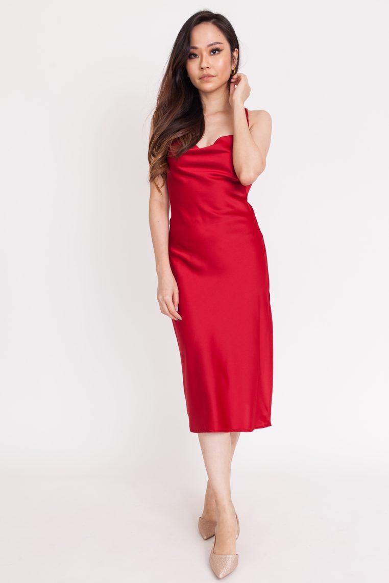 Satin Lace Back Dress - Dark Red - Image 3