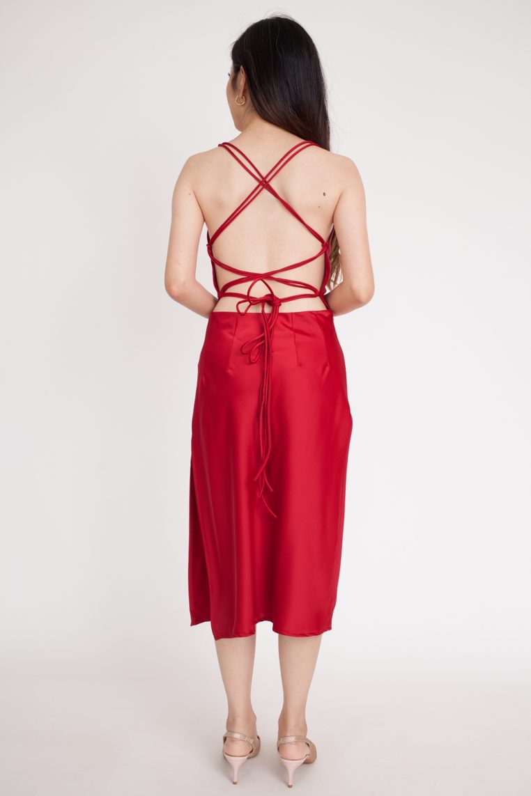 Satin Lace Back Dress - Dark Red - Image 7