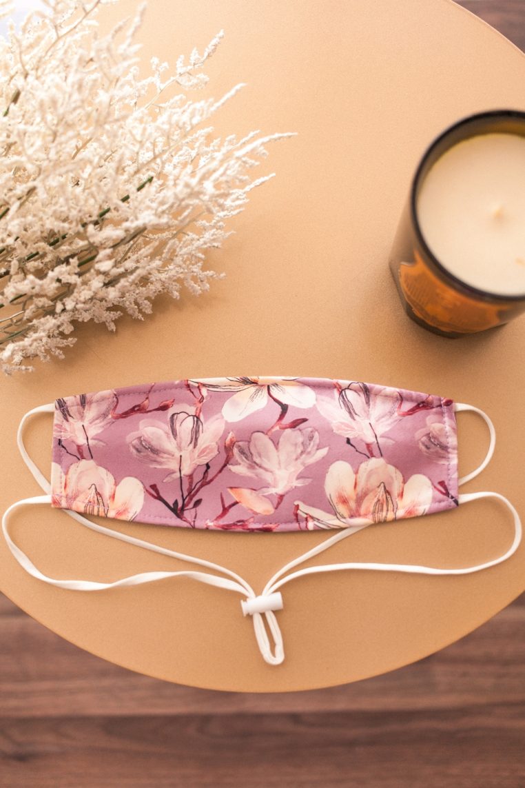 Origami Head Loop Magnolia Print Face Mask - Mauve - Image 3