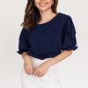 Bow Slit Sleeve Blouse - Navy Blue