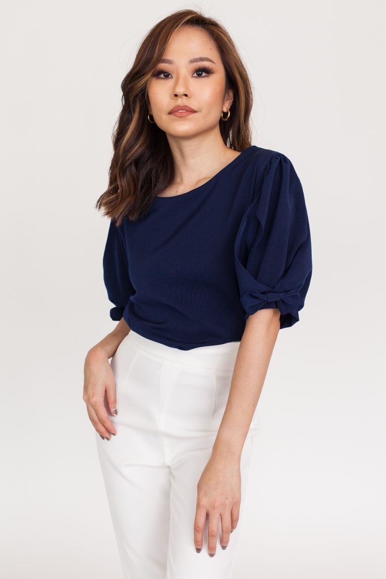 Bow Slit Sleeve Blouse - Navy Blue - Image 3