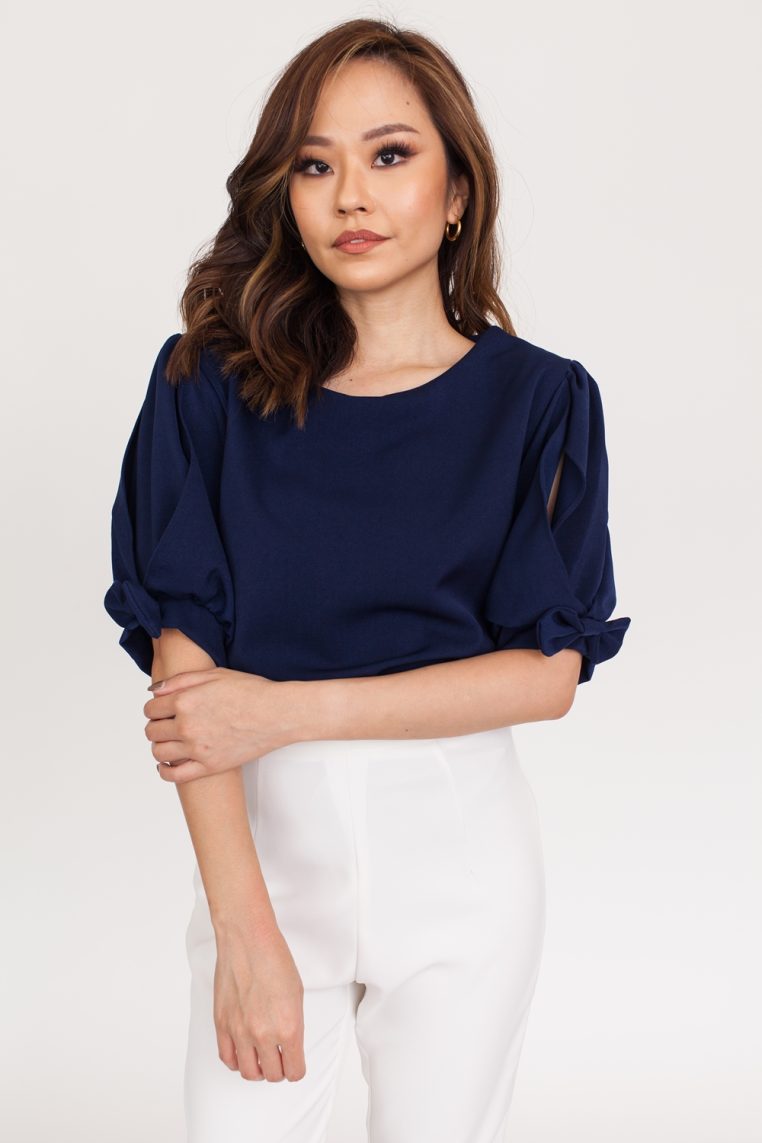 Bow Slit Sleeve Blouse - Navy Blue - Image 4