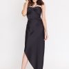 Satin Ruched Padded Lace Back Dress - Black