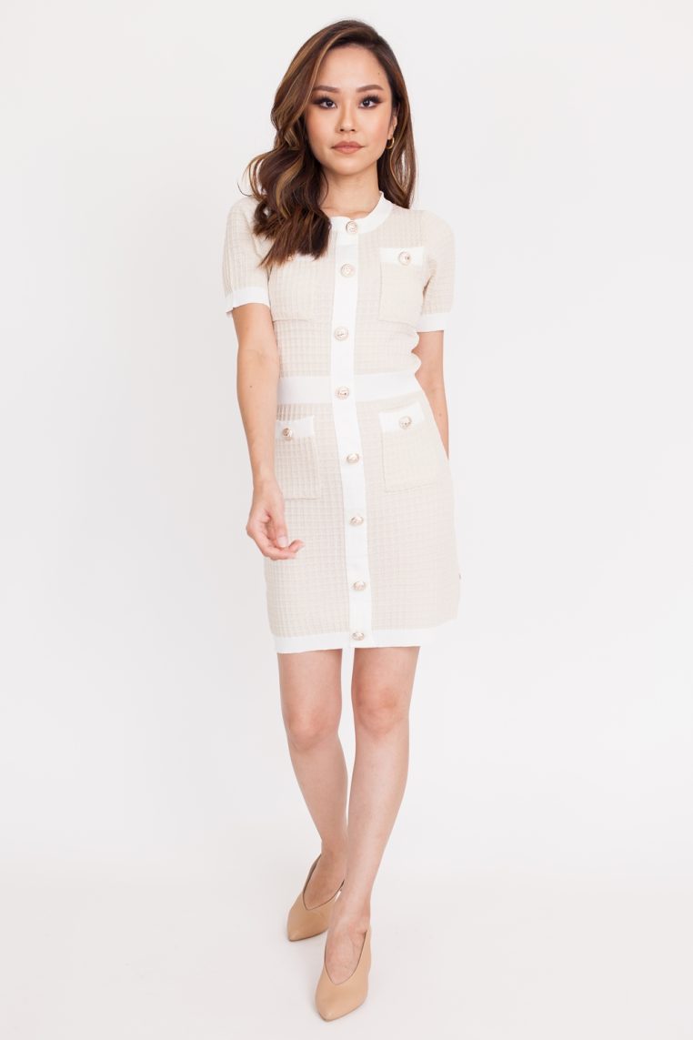Knit Contrast Button Dress - Beige - Image 4