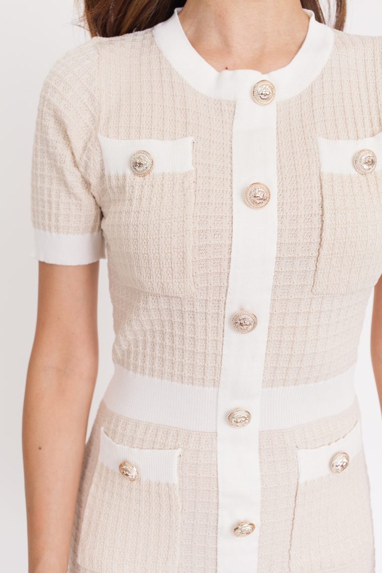 Knit Contrast Button Dress - Beige - Image 7