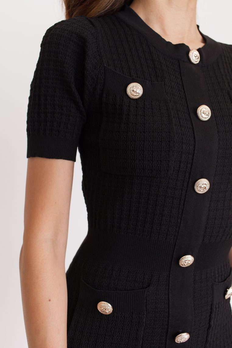 Knit Contrast Button Dress - Black - Image 7