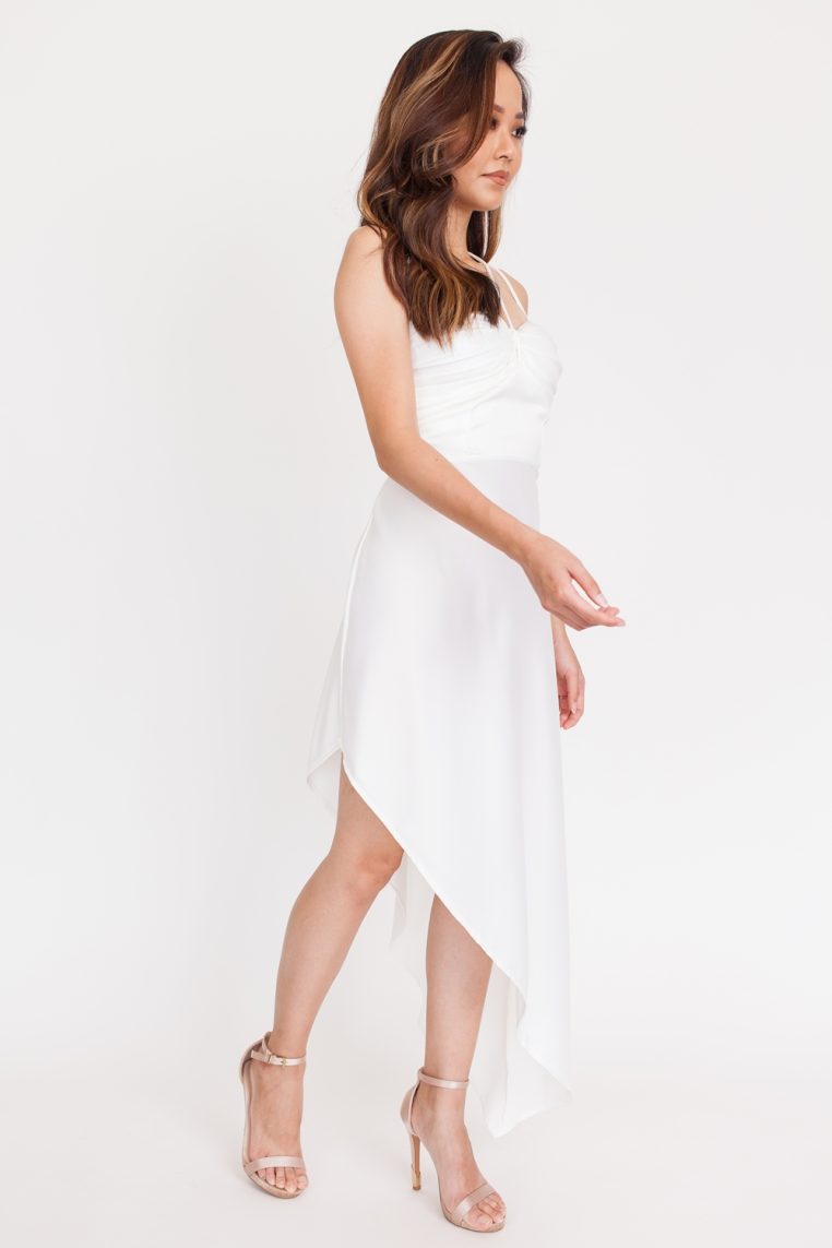 Satin Ruched Padded Lace Back Dress - White - Image 6