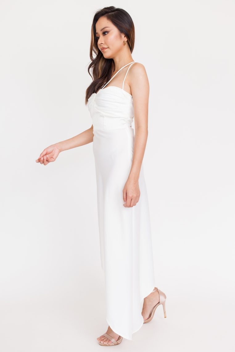 Satin Ruched Padded Lace Back Dress - White - Image 7