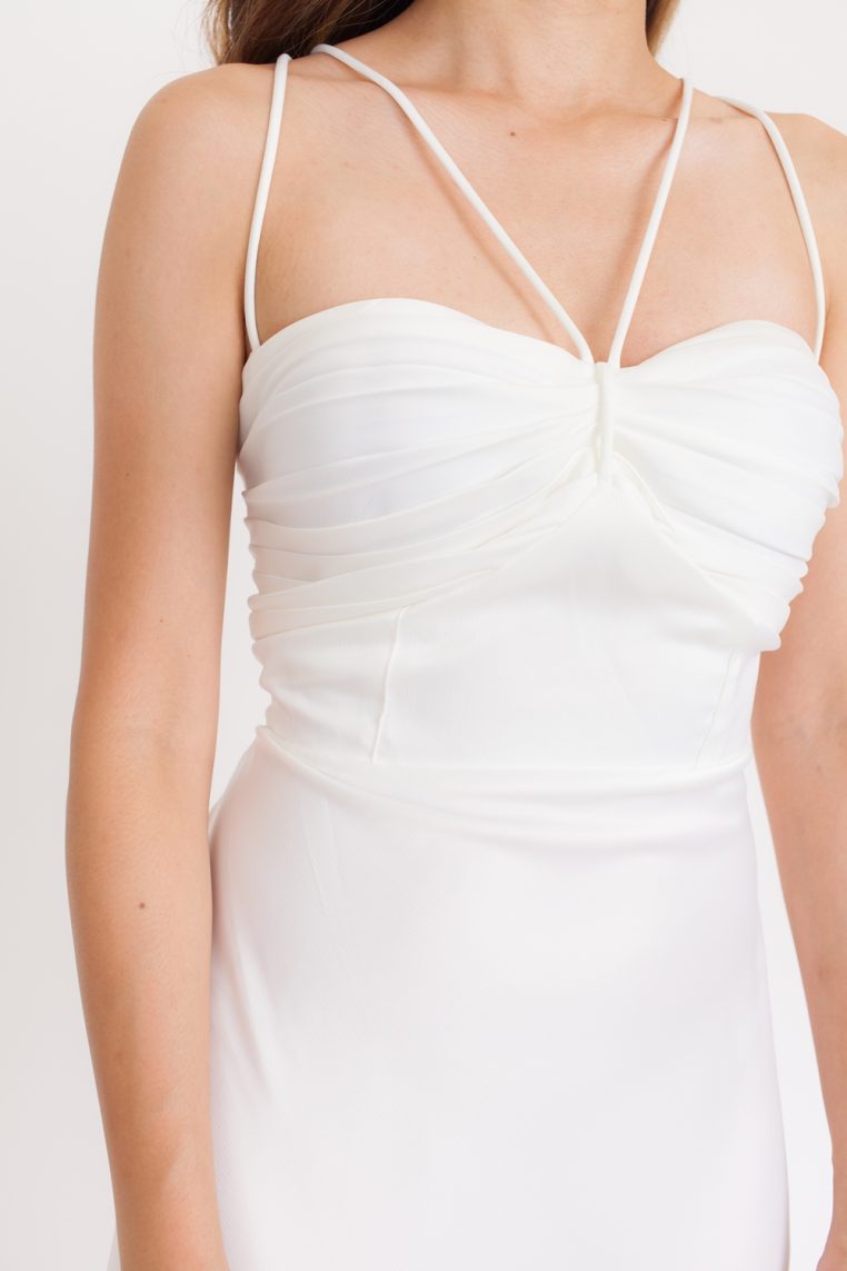 Satin Ruched Padded Lace Back Dress - White - Image 8