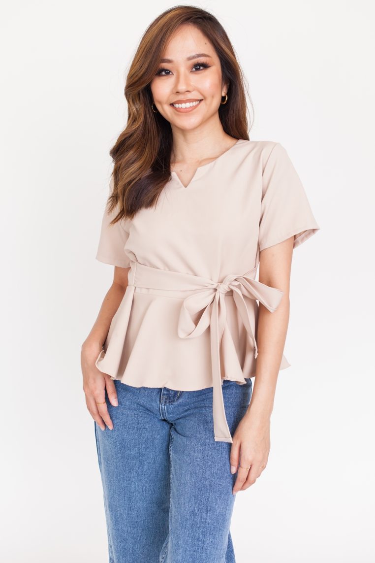 Cinched Short Sleeve Blouse – Beige - Image 3