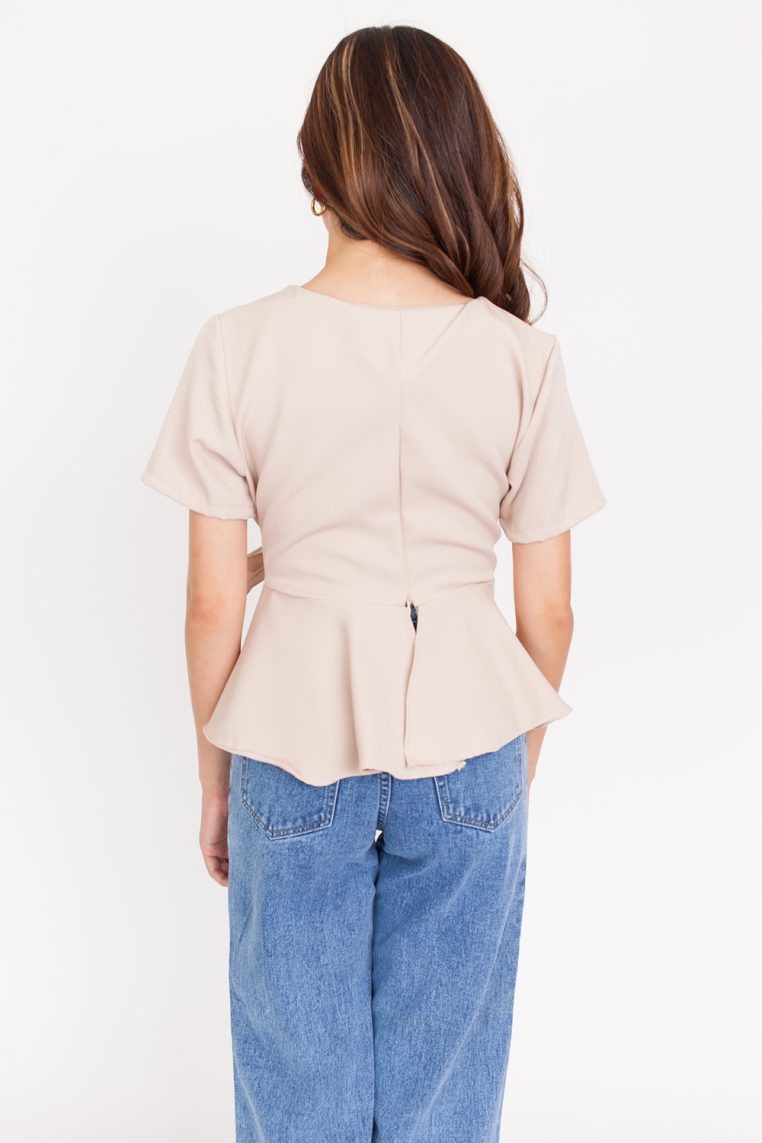 Cinched Short Sleeve Blouse – Beige - Image 6