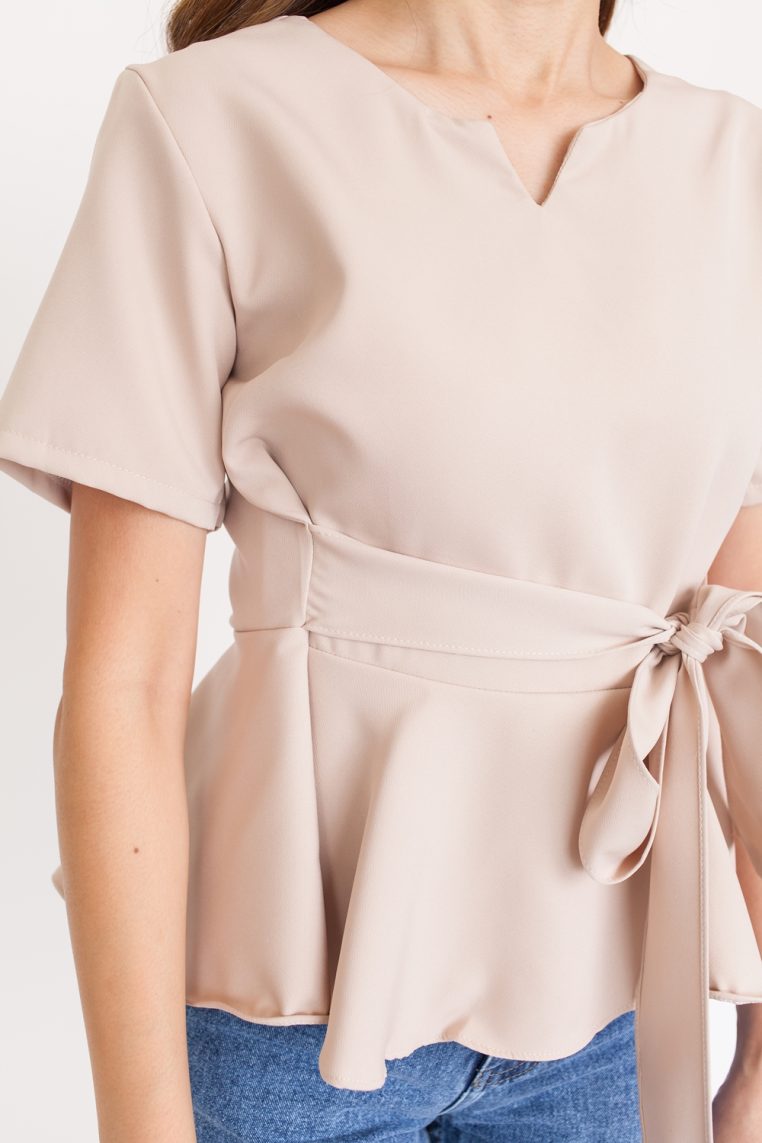 Alternative view of Cinched Short Sleeve Blouse – Beige
