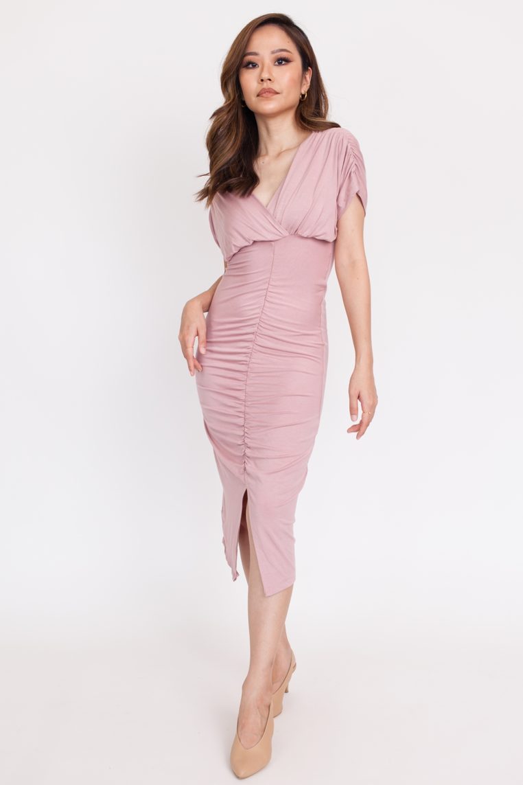 Draped Shoulder Ruched Maxi Dress - Pink - Image 4