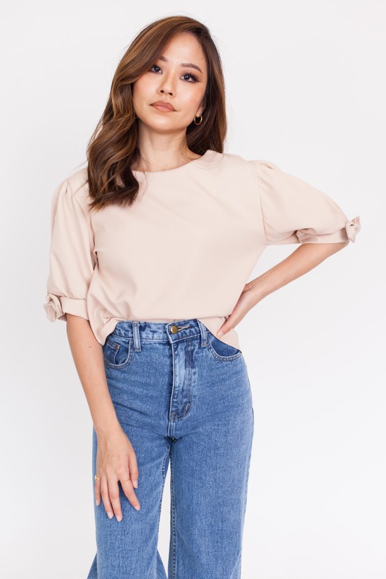 Bow Slit Sleeve Blouse - Beige - Image 3