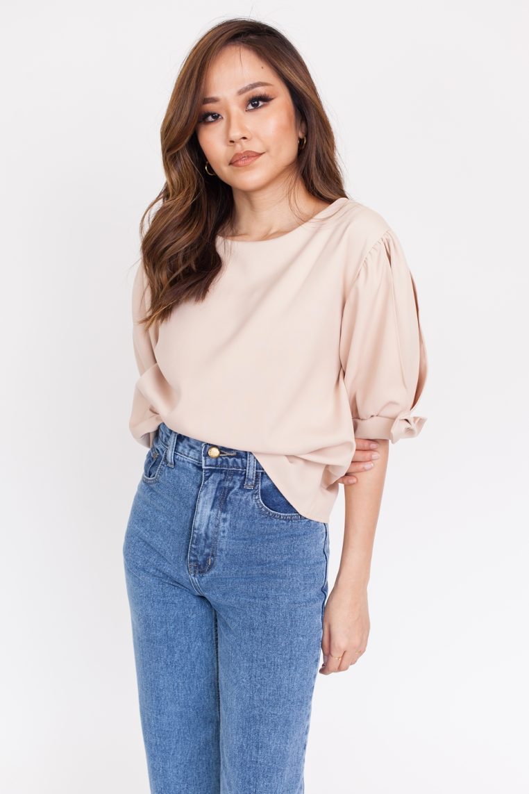 Bow Slit Sleeve Blouse - Beige - Image 4