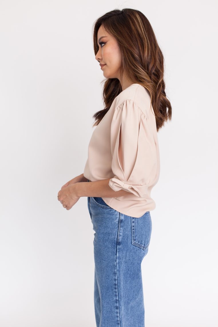 Bow Slit Sleeve Blouse - Beige - Image 5