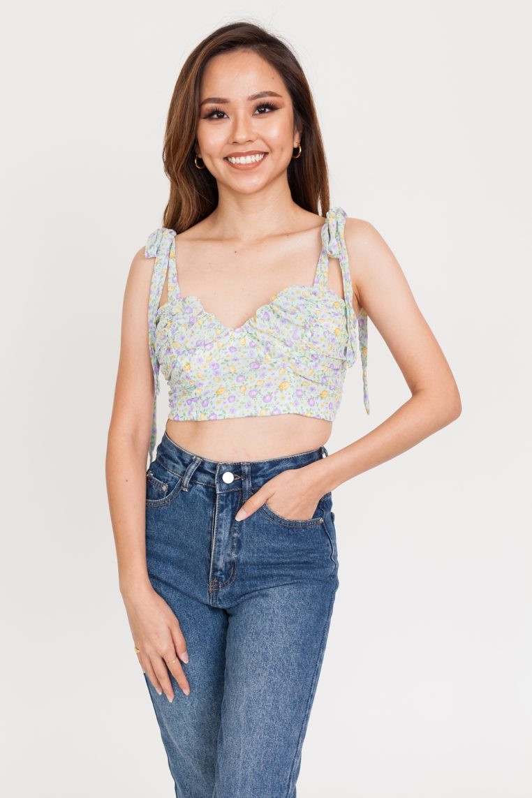 Floral Print Padded Crop Top - Light Blue - Image 3