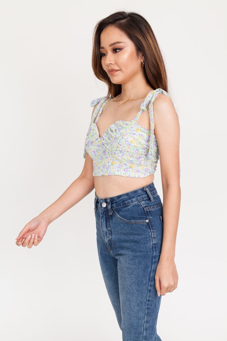 Floral Print Padded Crop Top - Light Blue - Image 5